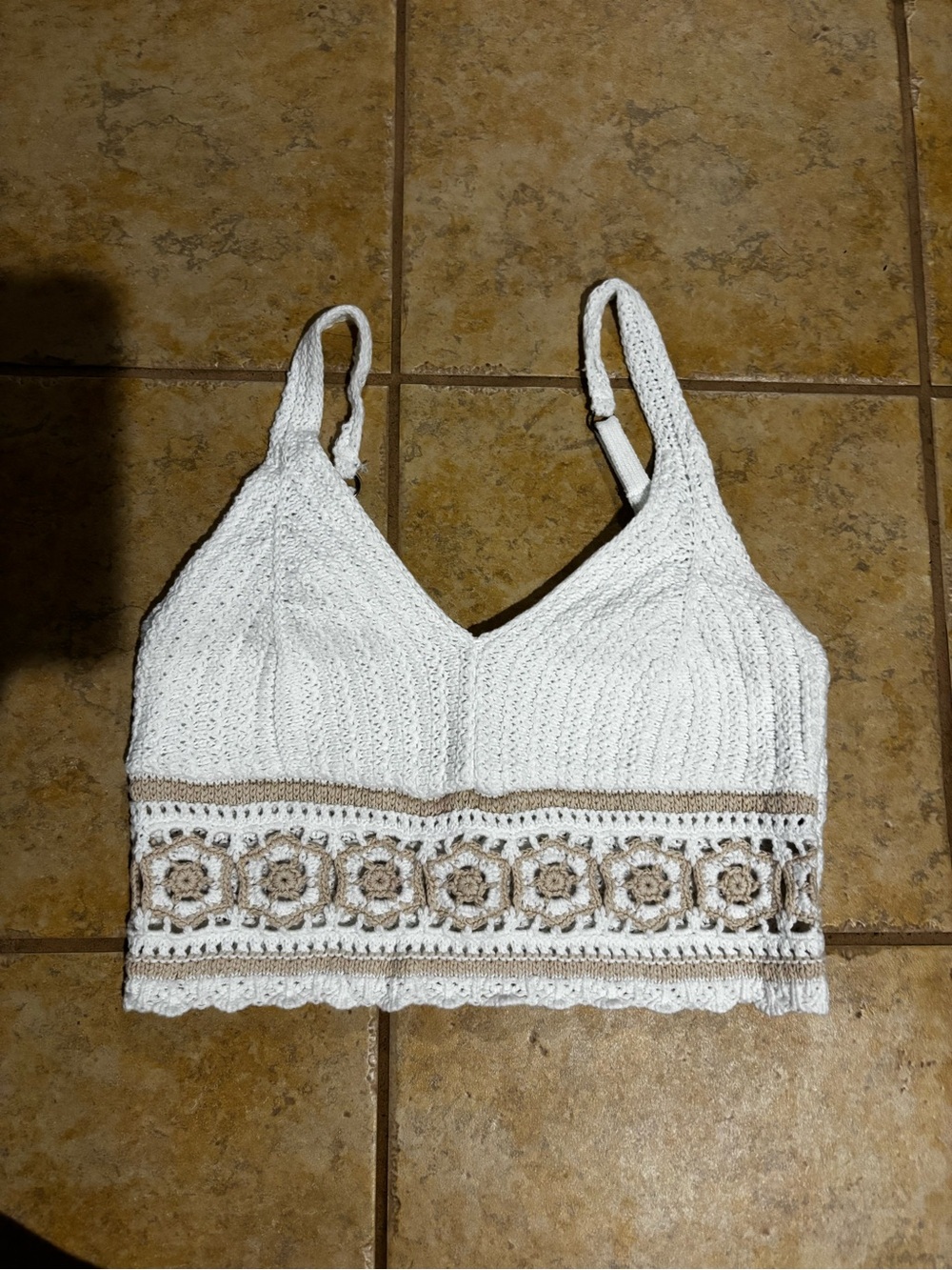 Hollister White Crochet Bralette Tank with Beige Floral Trim